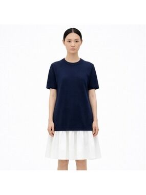 COS Navy & White Panelled Cotton Knit Dress Minimalist Style Tiered Skirt | XS–S